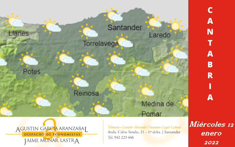 Predicción del tiempo en Cantabria para el miércoles 12 de enero del 2022.